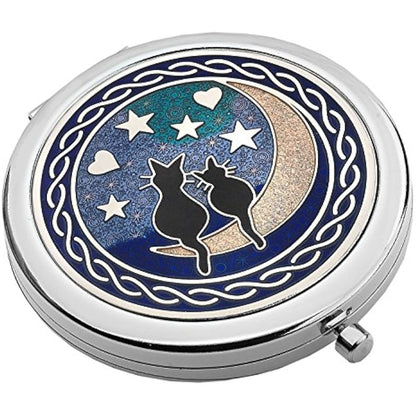 Really Nice Compact Mirror - Cats on Moon Design - Enamelled Pewterware