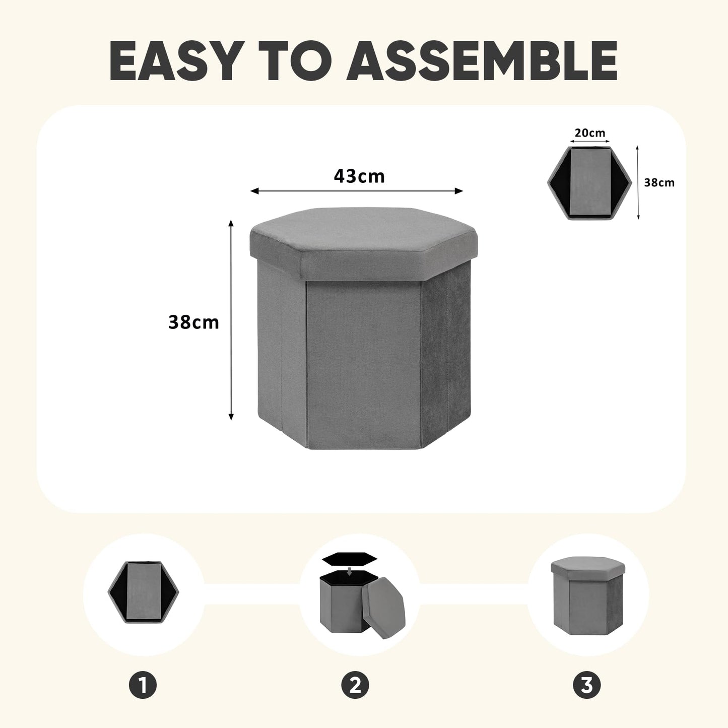 PINPLUS Hexagonal Storage Ottoman, Velvet Foldable Footstool, Grey