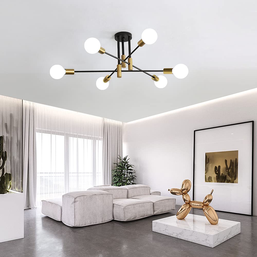 DAXGD Industrial 6-Light Modern Sputnik Ceiling Light, Black Gold, E27 Socket, Semi Flush Mount, 14 x 11 x 38 cm, Suitable for Bedroom, Living Room,