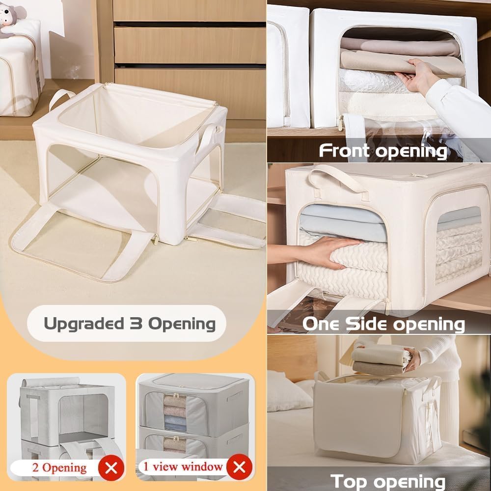 Ruucy 2 Psc Clothes Storage Boxes 24L, Foldable Clothes Storage Bags with Steel Frame & 3 Open Zips