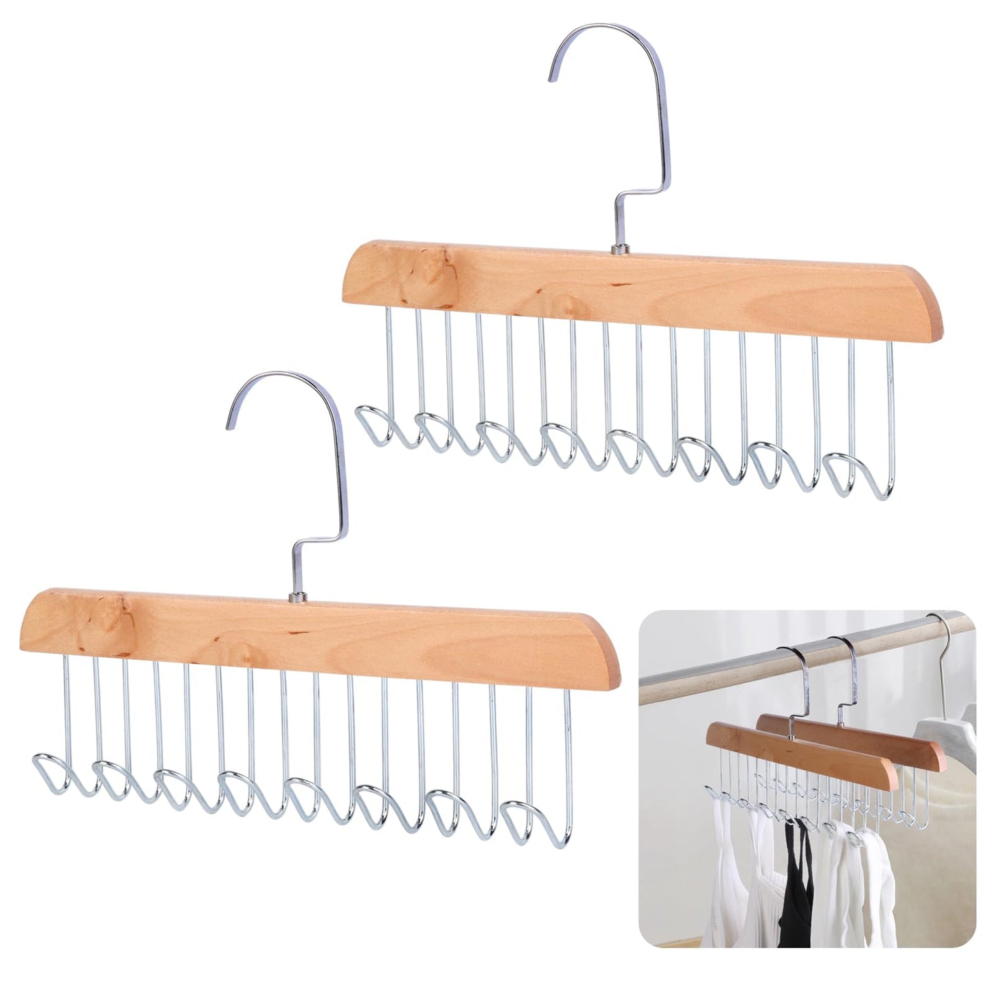 ICEBLUEOR 2 Pack Tie and Belt Hanger for Wardrobe - Anti-Slip Wooden Organiser With 8 Metal Hooks, 360° Rotating Space Saving Rack for Ties, Belts