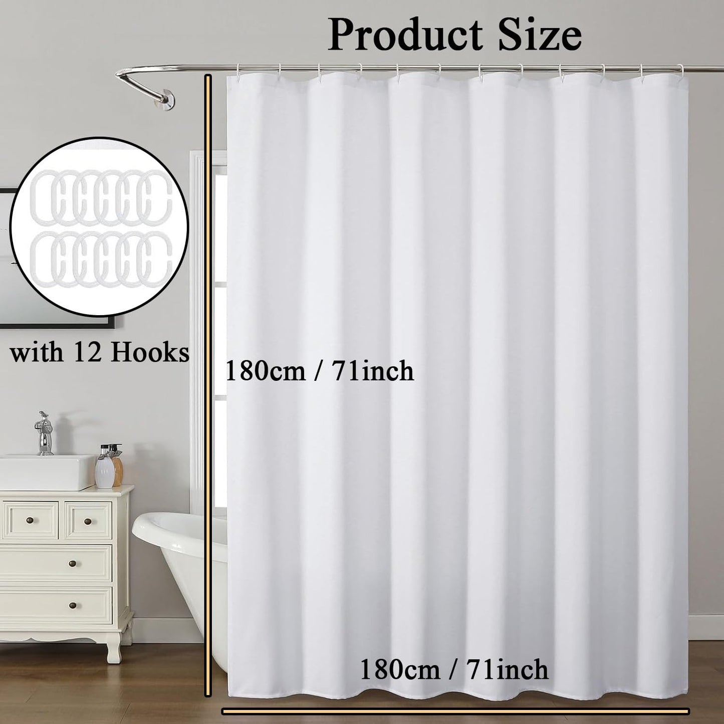 hzkais White Shower Curtain, Mould Proof and Mildew Resistant Washable Bathroom Curtains, Shower Curtain for Bathroom, Bath Curtains with Hooks
