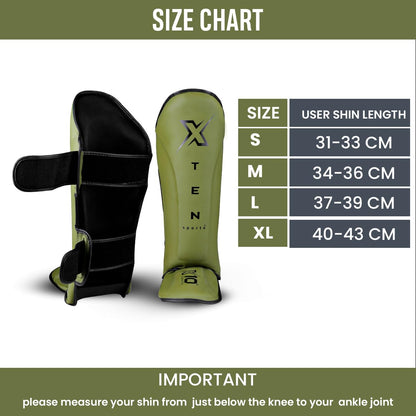 XTEN SPORTS Shin Guards Muay Thai, MMA, Gel Integrated Padding, Training Sparring, Boxing, Kickboxing, BJJ, Taekwondo Protective Gear, Olive Green