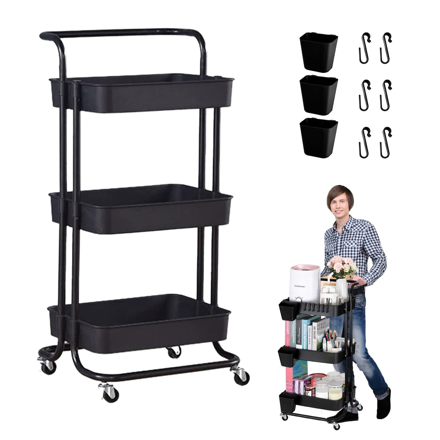 3 Tier Trolley Rolling Utility Storage Car with Wheels&Hanging Cups&Hooks