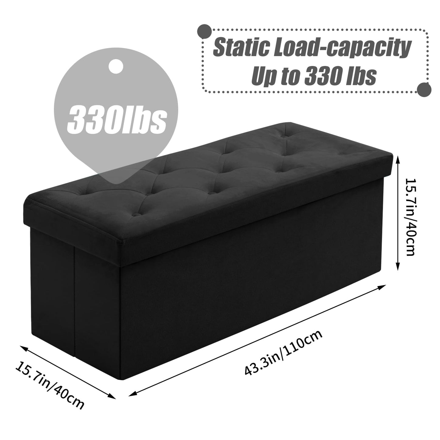 BRIAN & DANY Folding Storage Ottoman Bench, Velvet Large Ottoman Storage Box for Living Room and Bedroom 110 x 40 x 40 cm, Black