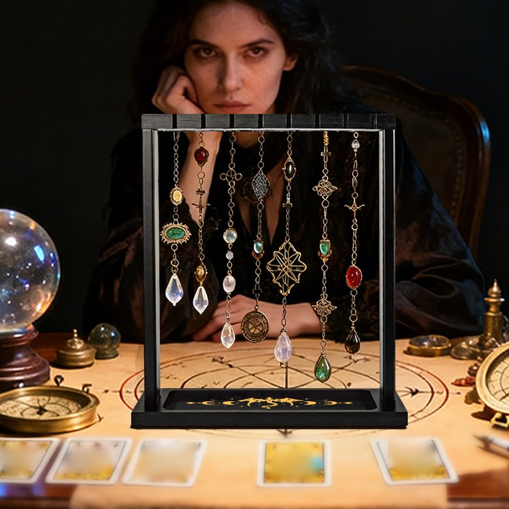 BEUNITONE Wooden Pendulum Crystal Display Holder, Witchcraft Supplies Organizer with Dragon Pattern Tray, Pendulum Board Stand for Witchy Accessories