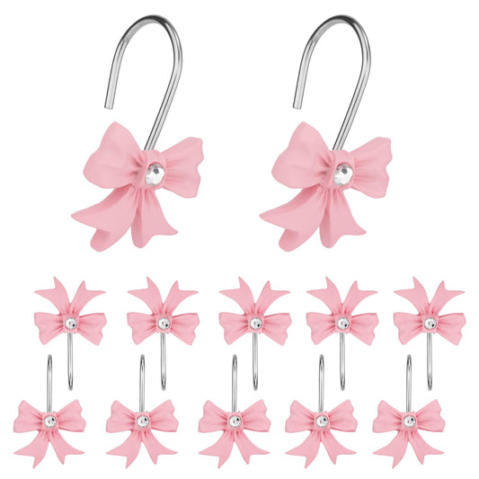 XIHIRCD 12pcs Pink Bow Knot Shower Curtain Hooks, Decorative Bathroom Curtain Rings Resin Shower Rings Pink Shower Hooks Hangers for Bathroom Baby
