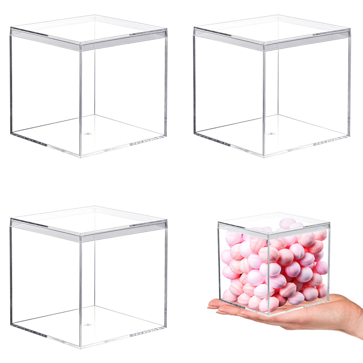 Kamehame Acrylic Display Box with Lid Clear Small Boxes 3 Pcs 8.5 x 8.5 x 8.5 cm / 3.3 x 3.3 x 3.3'' Square Cube Boxes Storage Containers Organiser