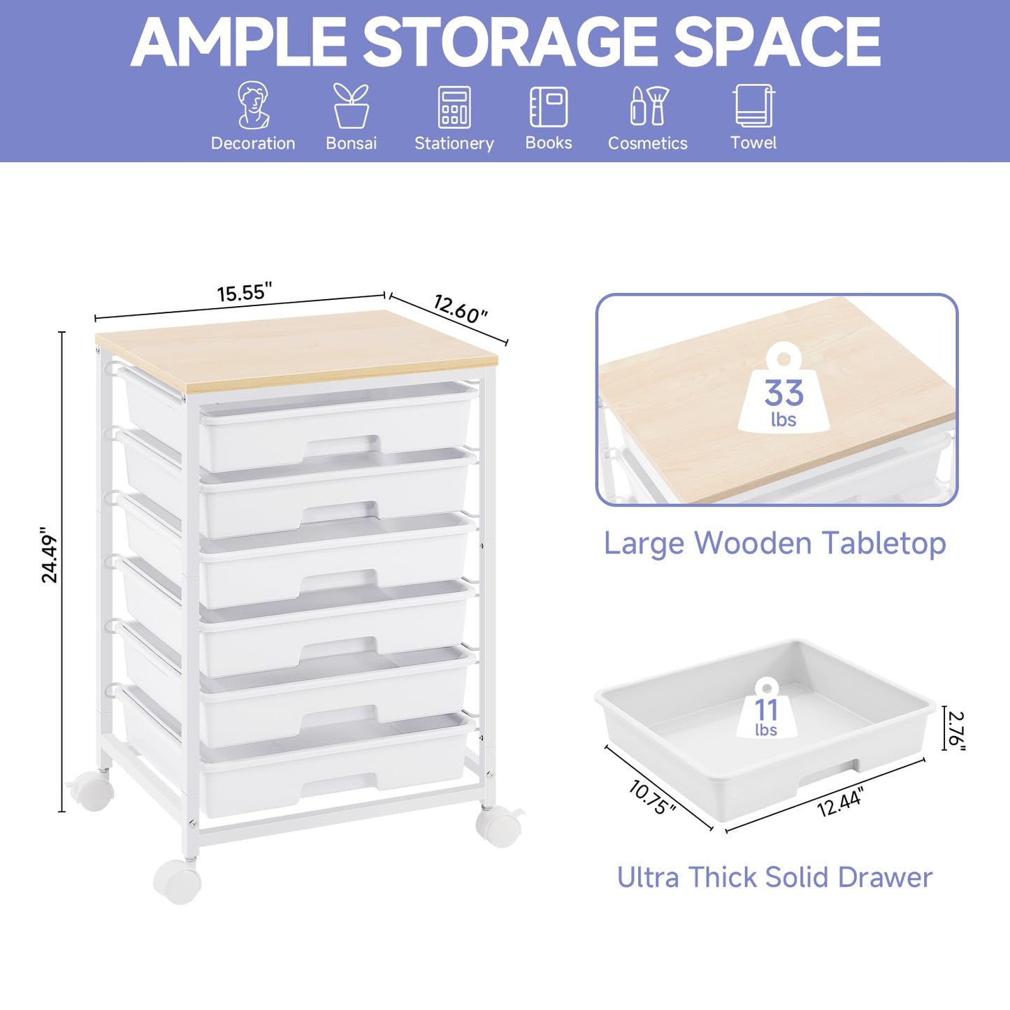 SYKIARIOL 6-Drawer Storage Trolley Rolling Cart, White