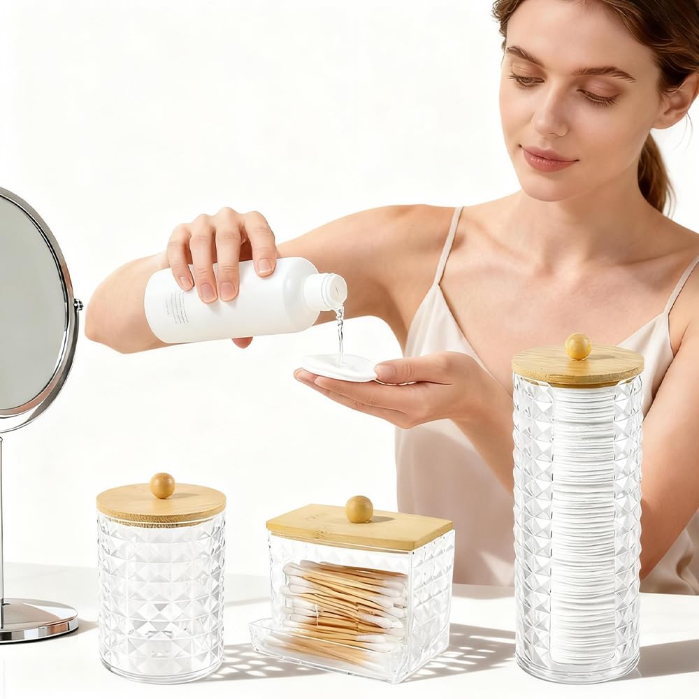 Hwtcjx Cotton Pad Holder, Bathroom Jars, with Wooden Cover, 3 PCS