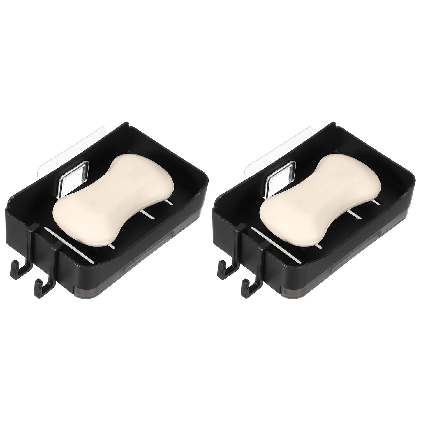 sourcing map 2 Pcs Self-Adhesive Shower Soap Holder, No Drilling Wall Mounted Soap Dish with 2 Bottom Tray and 4 Hooks for Bathroom Kitchen Sink