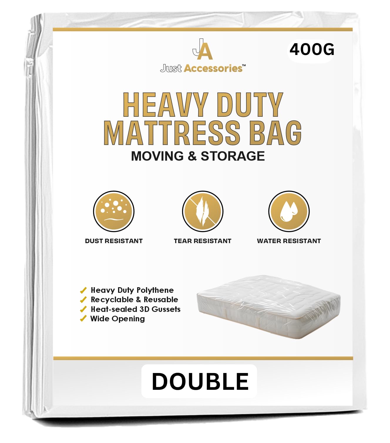 Just Accessories® Heavy Duty Mattress Bag For Storage Moving Removal Mattress Polythene Protector Cover (4ft 6" Double 4'6" Mattress Bag)
