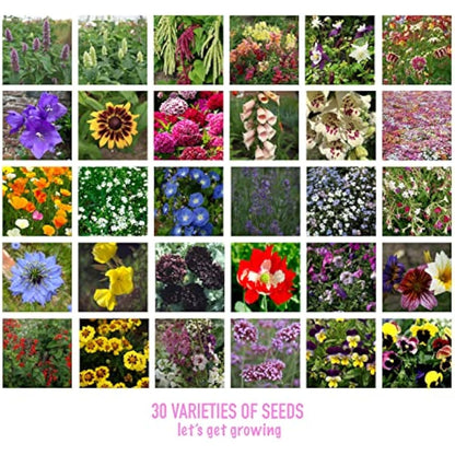 Scott&Co. Flower Seed Variety Pack - 30 Different Varieties of Flower Seeds to Grow Your Own. Butterfly and Bee Attracting, Grow Indoor and Outdoor. Mother's Day Gifts for Women and Men.