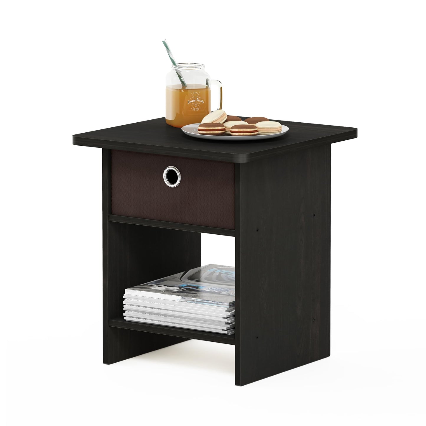 Furinno DARIO Side Table, Square End Table with Storage Bin, Round Corner Night Stand, Bedside Table with Open Back Shelf, for Living Room, Bedroom