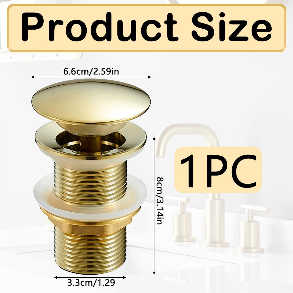 Gold Brass Basin Plug, Basin Sink Waste Slotted Pop Up Drain Plug, 1 PC Waste Drain Without Overflow for Wash Basin, Bathroom, Kitchen, Vessel Sinks