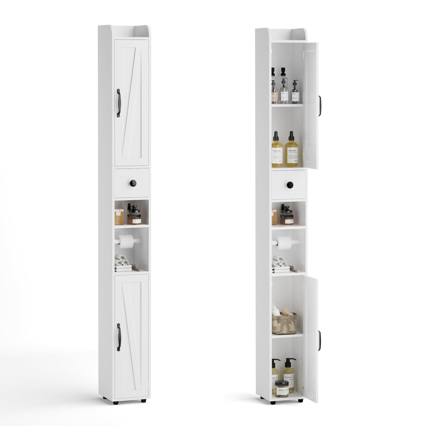 BonVache Tall Bathroom Storage Cabinet, Slim Storage Unit with Adjustable Shelves, Bathroom Shelves Cupboard for Kitchen Hallway Living Room Bedroom