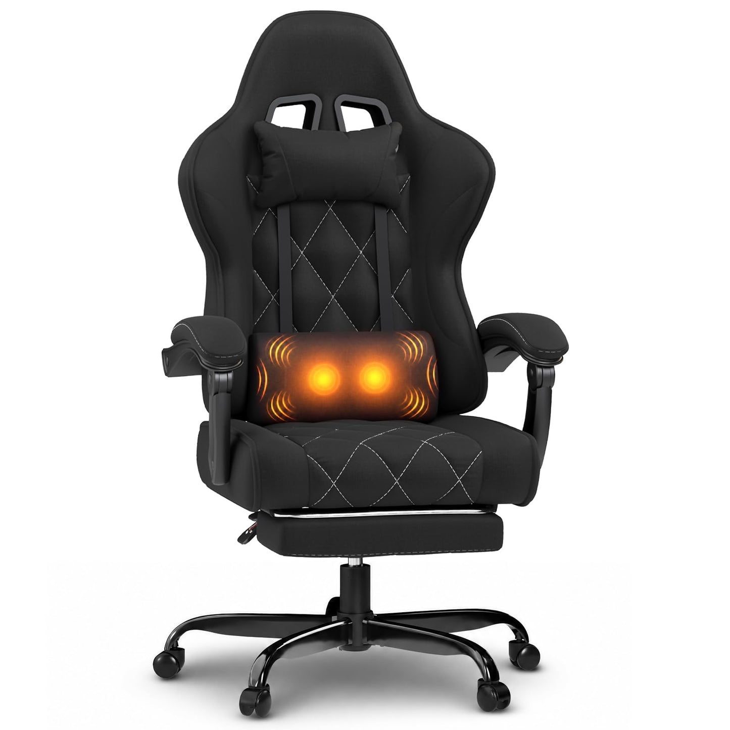 JUMMICO Ergonomic Fabric Gaming Chair with Footrest, 2-Point Vibration Massage Lumbar Support, Linked Reclining Armrests, 90-135° Reclining Backrest