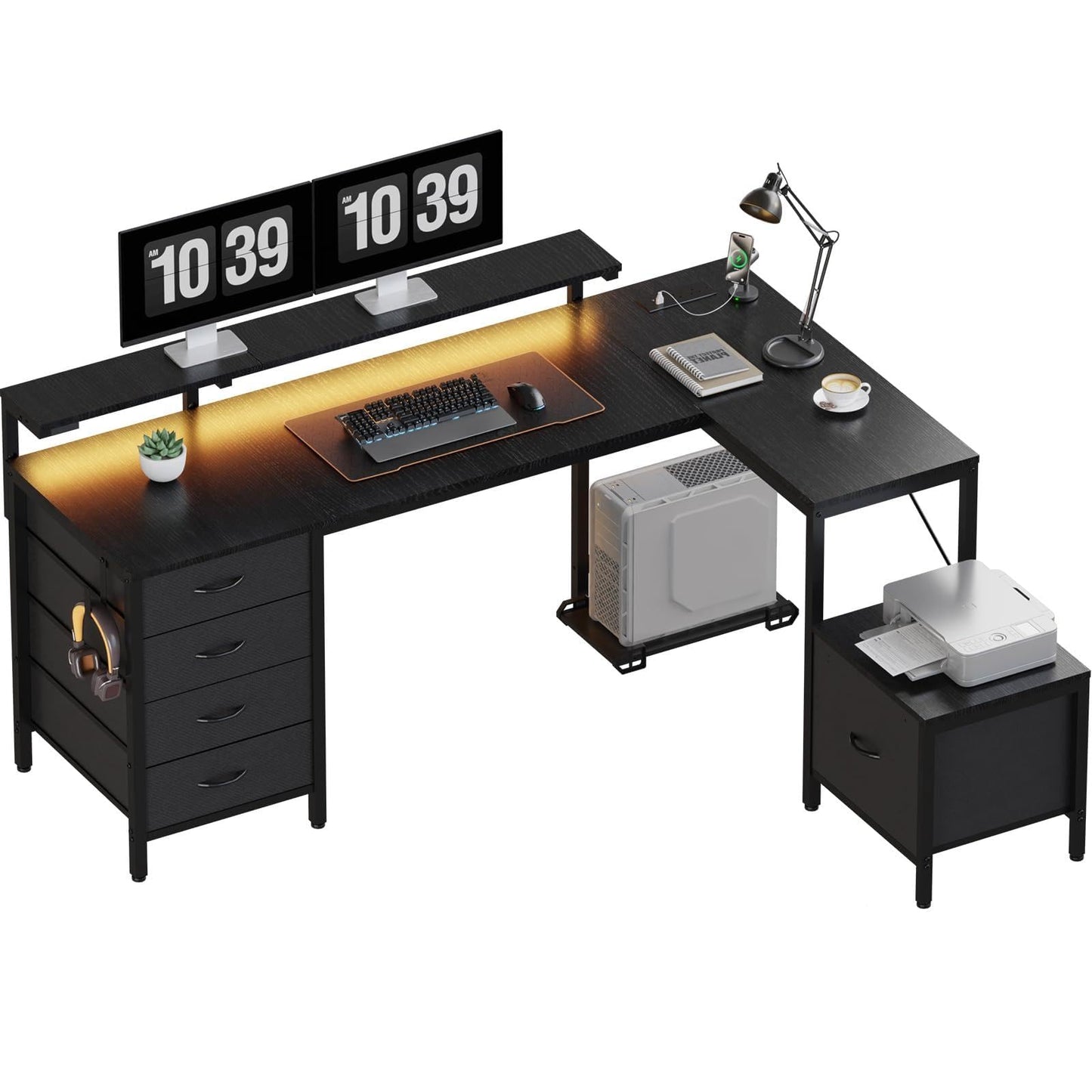 JUMMICO Corner Desk with Cabinet, Reversible L Shaped Computer Desk with Power Outlet and USB Ports, LED Lights and Hooks