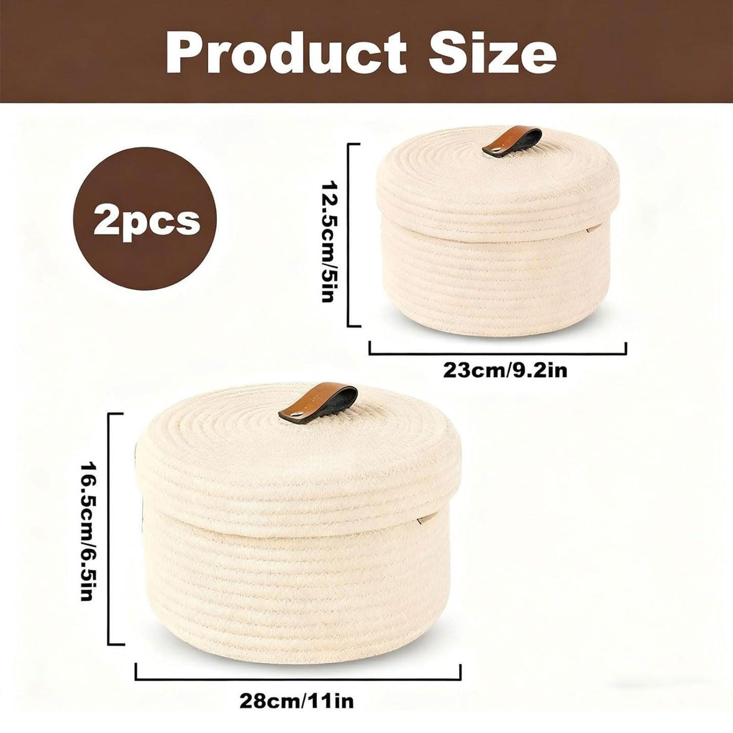 Set of 2 Storage Basket with Lid, Round Cotton Rope Decorative Basket with Leather Handles, Multifunctional Woven Baskets for Shelves, Bedroom