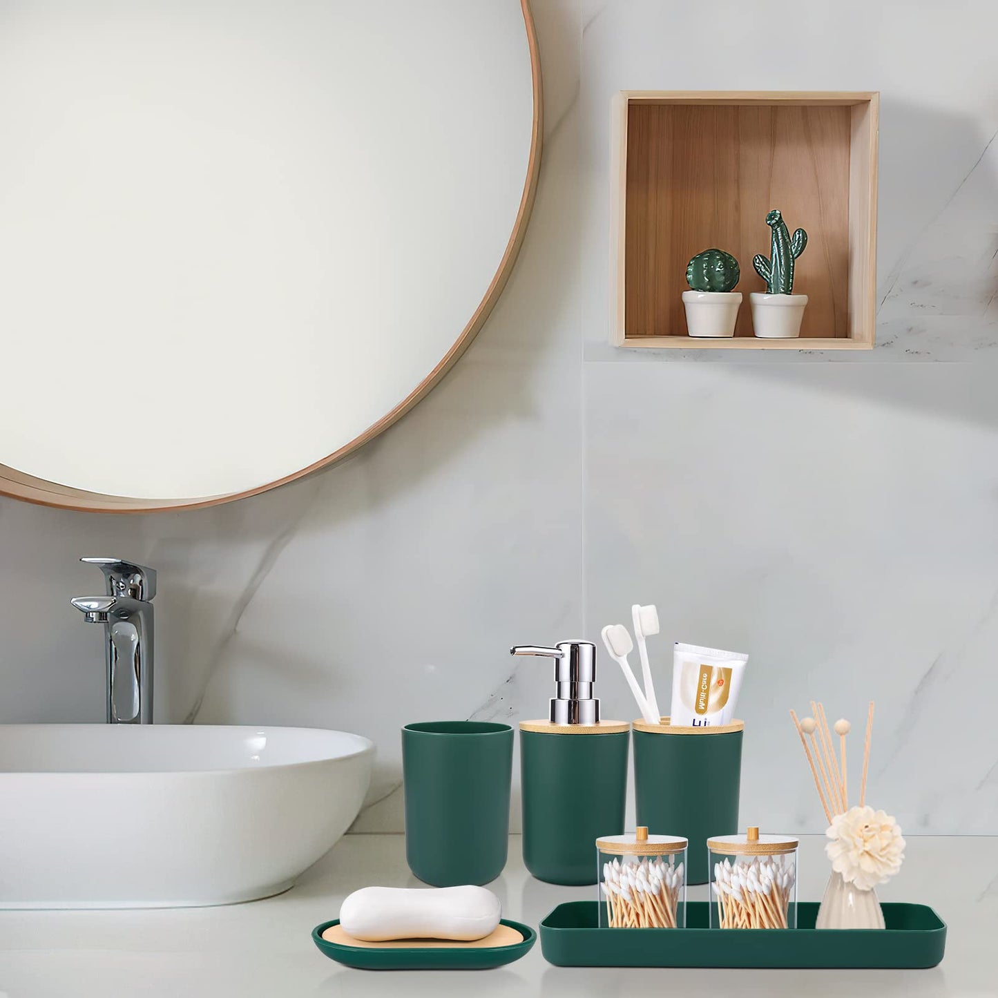 SLDIYWOW 9-Piece Dark Green Bathroom Accessories Set with Trash Can, Tray, Soap Dispenser, Toothbrush Holder, Toothbrush Cup, Soap Dish
