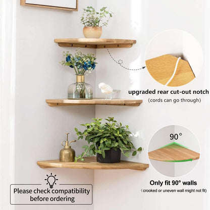 GIEANOO Corner Shelf, Solid Oak Wood Floating Corner Shelf Wall Mount 16inch Round End Floating Speaker Shelf With Wire Hole Shelves for Bedroom