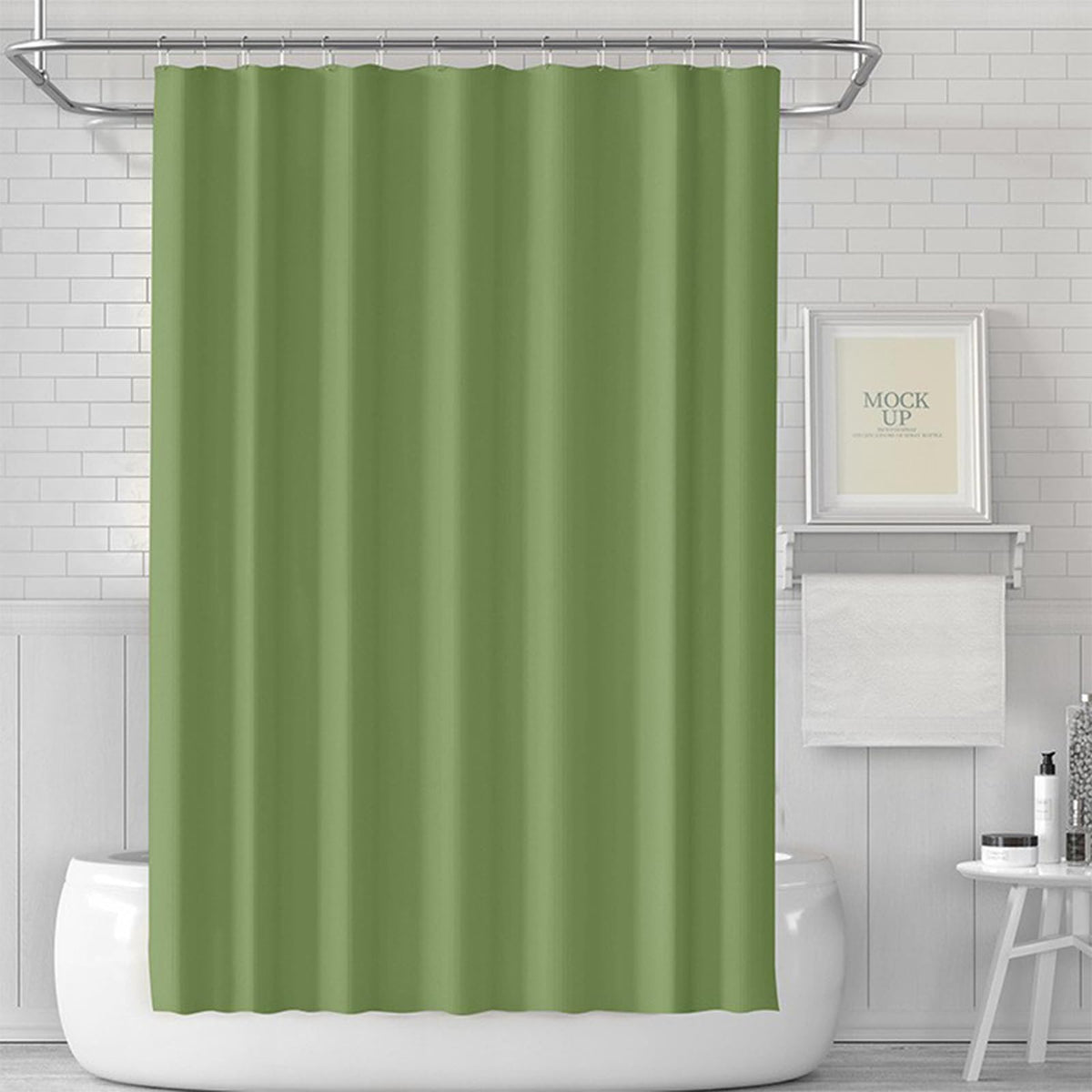 ECO PEVA Shower Curtain, 180x180cm, Army Green, Waterproof, Heavy Duty, 3 Magnets, 12 Hooks, Quick-Drying, Washable, Decor