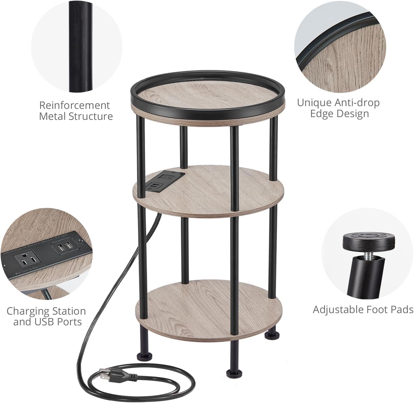 YEAKOO Nordic End Table, 3-Tier 30cm Round Side Table with Storage Shelf Edge Protection Tray