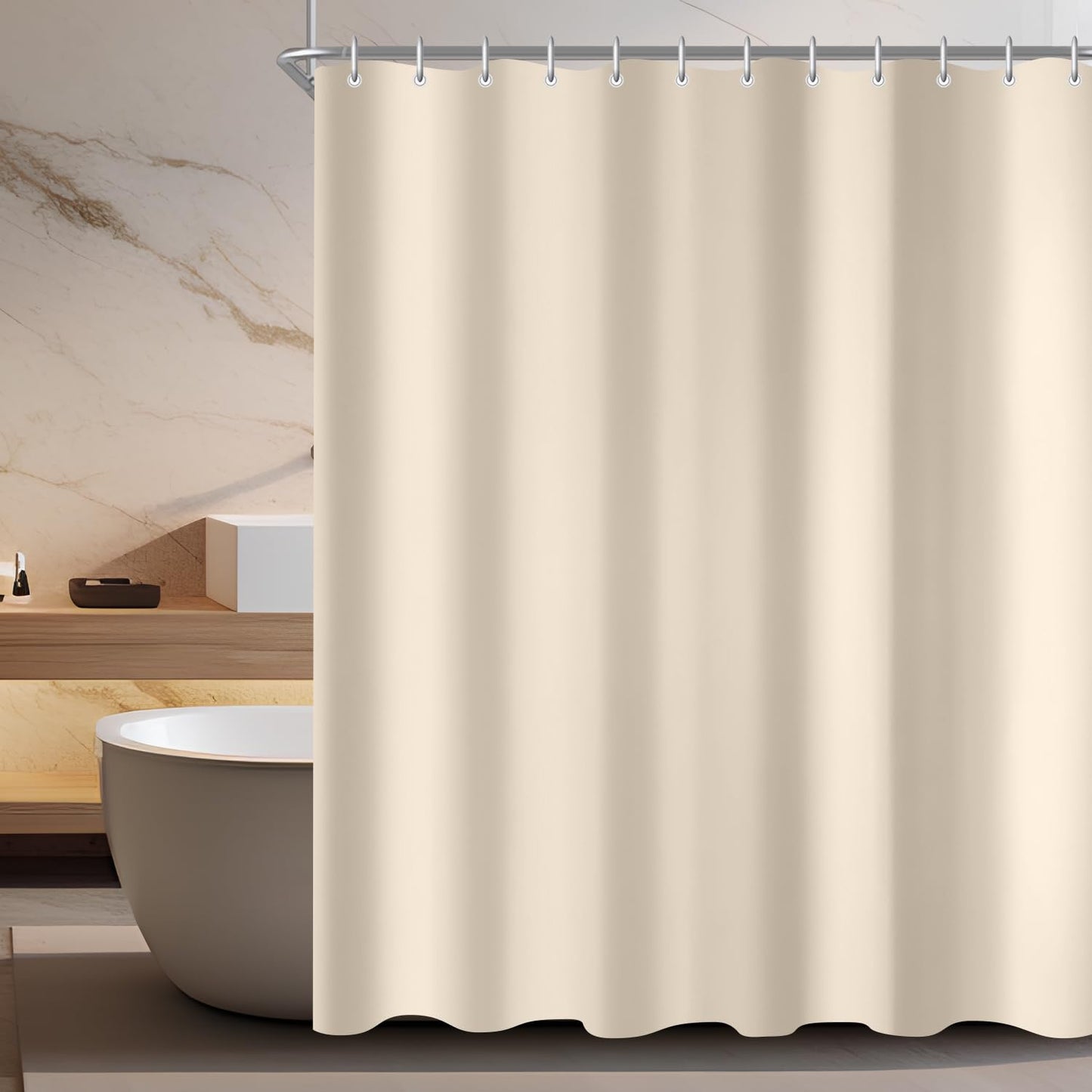 Lerores Shower Curtain, 200 x 240 cm, Beige, Weighted Hem, Anti-Mould Textile, Water-Repellent, Washable Polyester Fabric Bath Curtains for Bathroom,