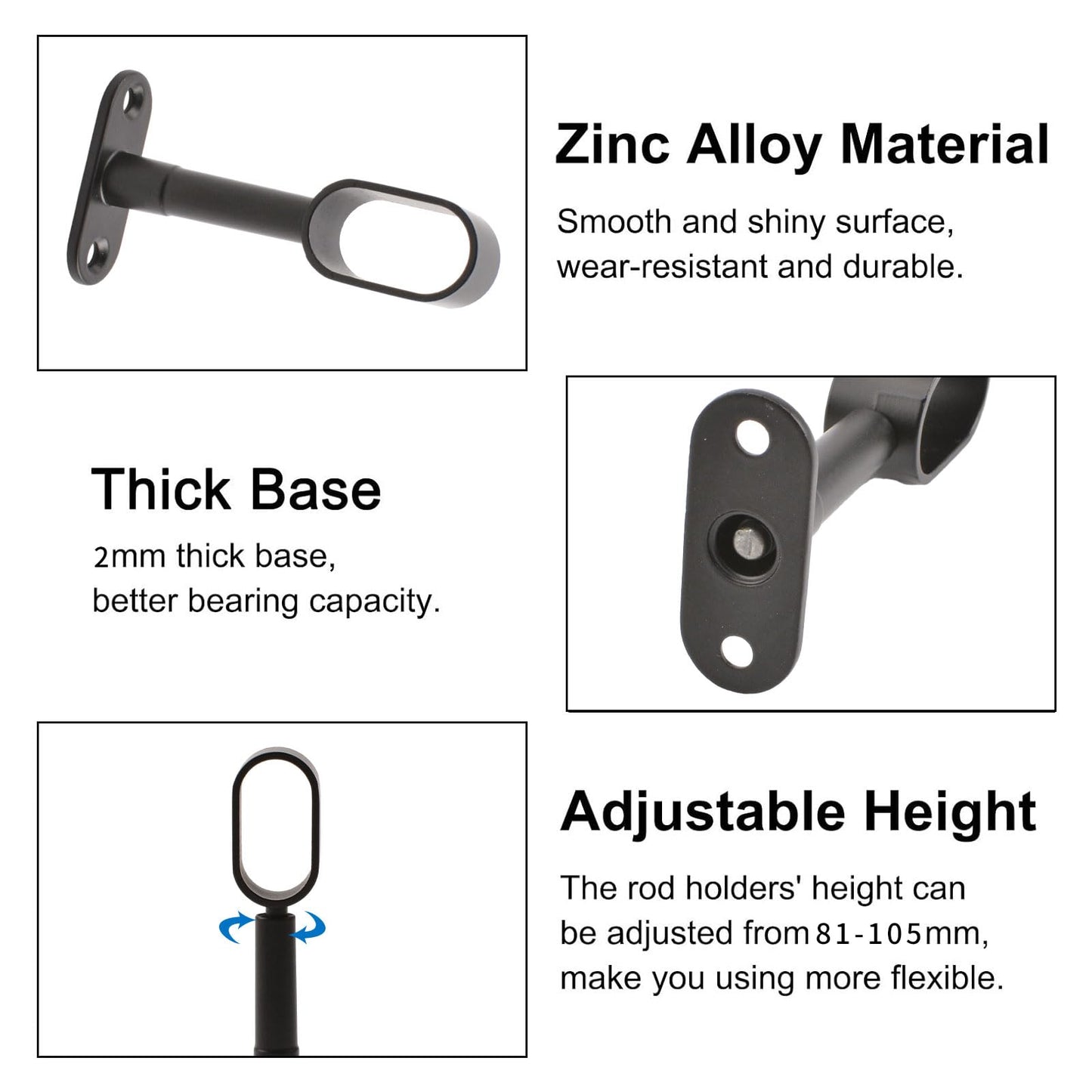 INCREWAY Oval Wardrobe Rod Support, Black Zinc Alloy Ends, Adjustable Hollow Rod Bracket, for Bedroom & Bathroom