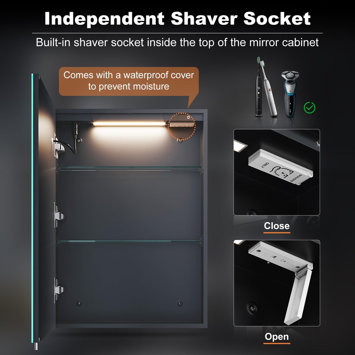 ELEGANT Illuminated Bathroom Cabinet with Shaver Socket, Built-in LED Light Strip, Demister Pad, Slow Close Hinge, Adjustable Shelves
