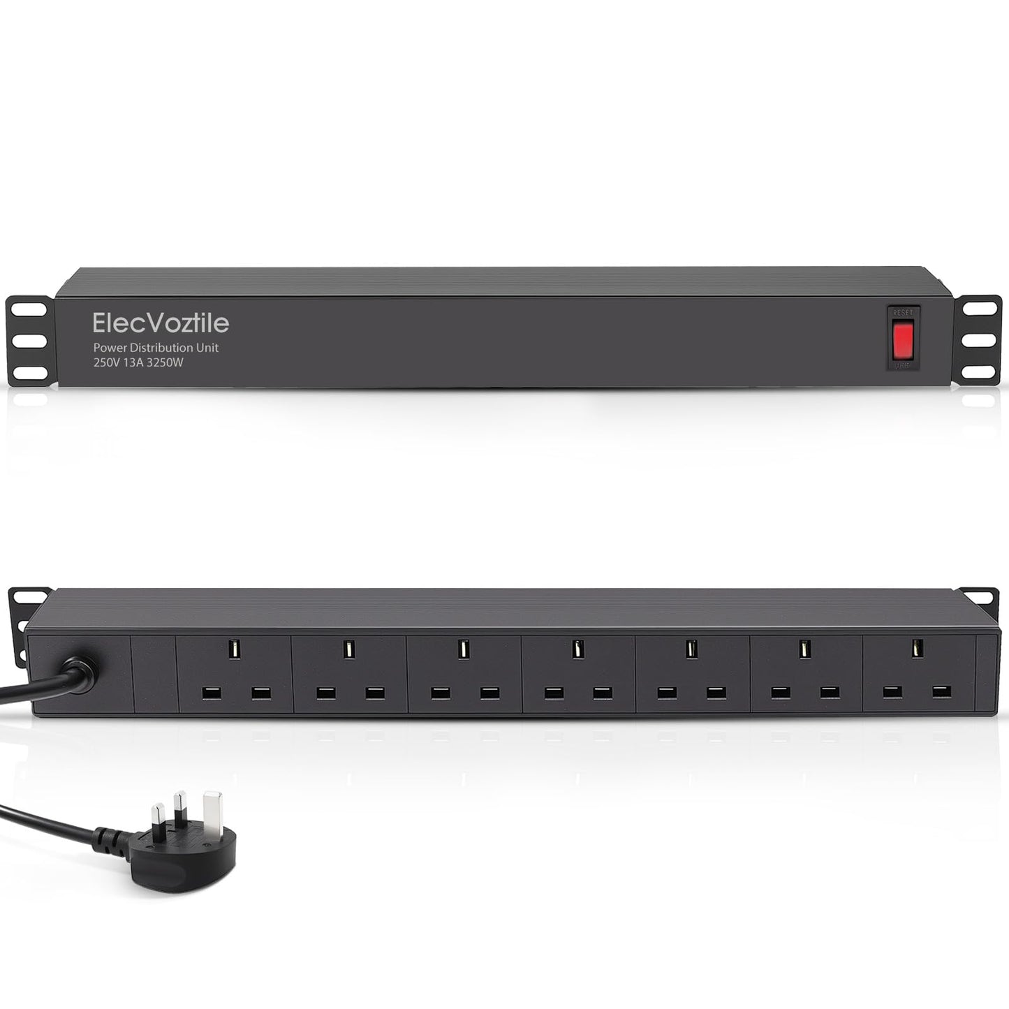 ElecVoztile 7 Way Horizontal Rack Mount PDU Power Strip, 13A Overload Switch &1020J Surge Protection, Rear Plug, 1U Rackmount, Fits 19'' Server