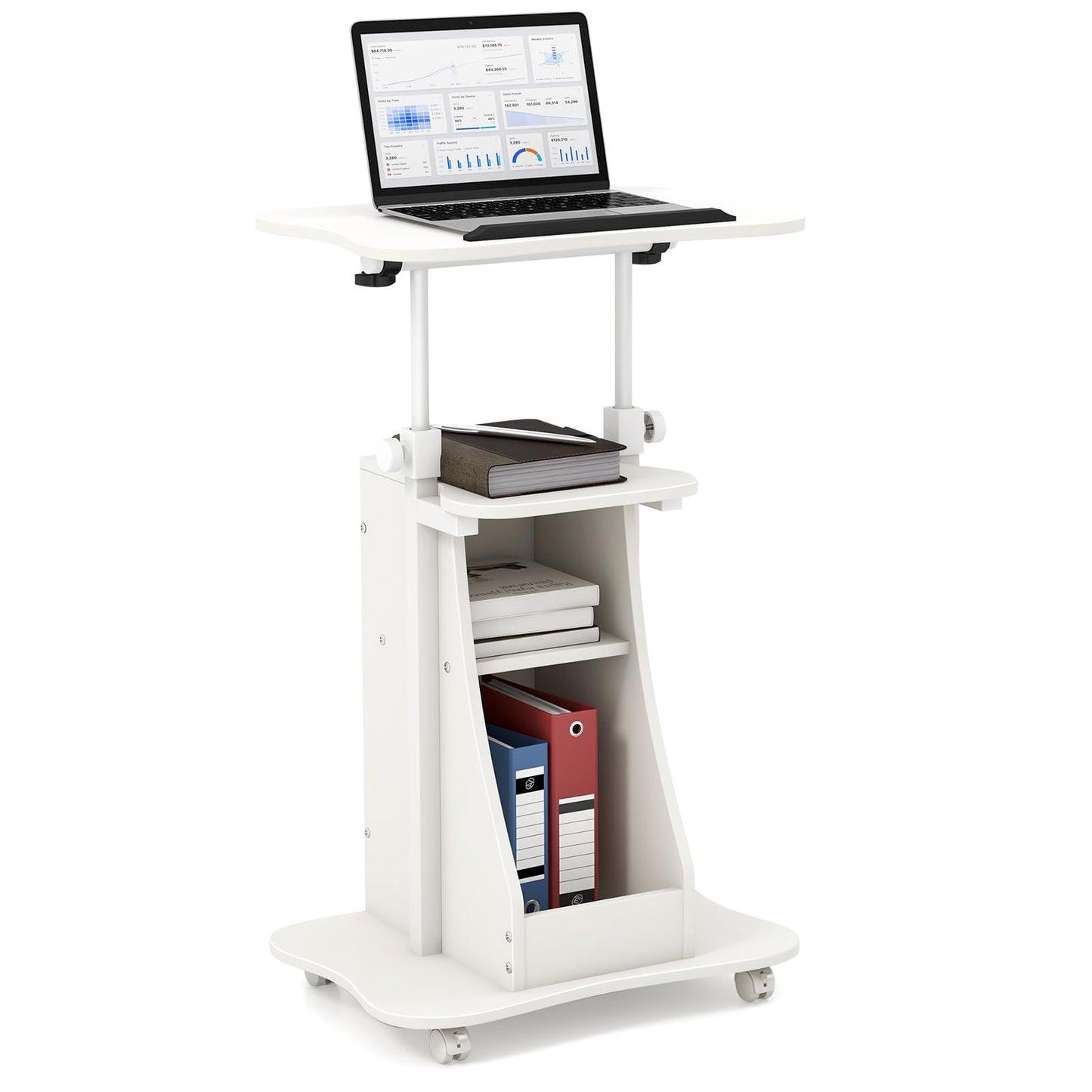 CASART Movable Laptop Table, Height Adjustable Computer Workstation with Storage Cabinet & Rolling Casters, Standing PC Desk for Home Office (White)