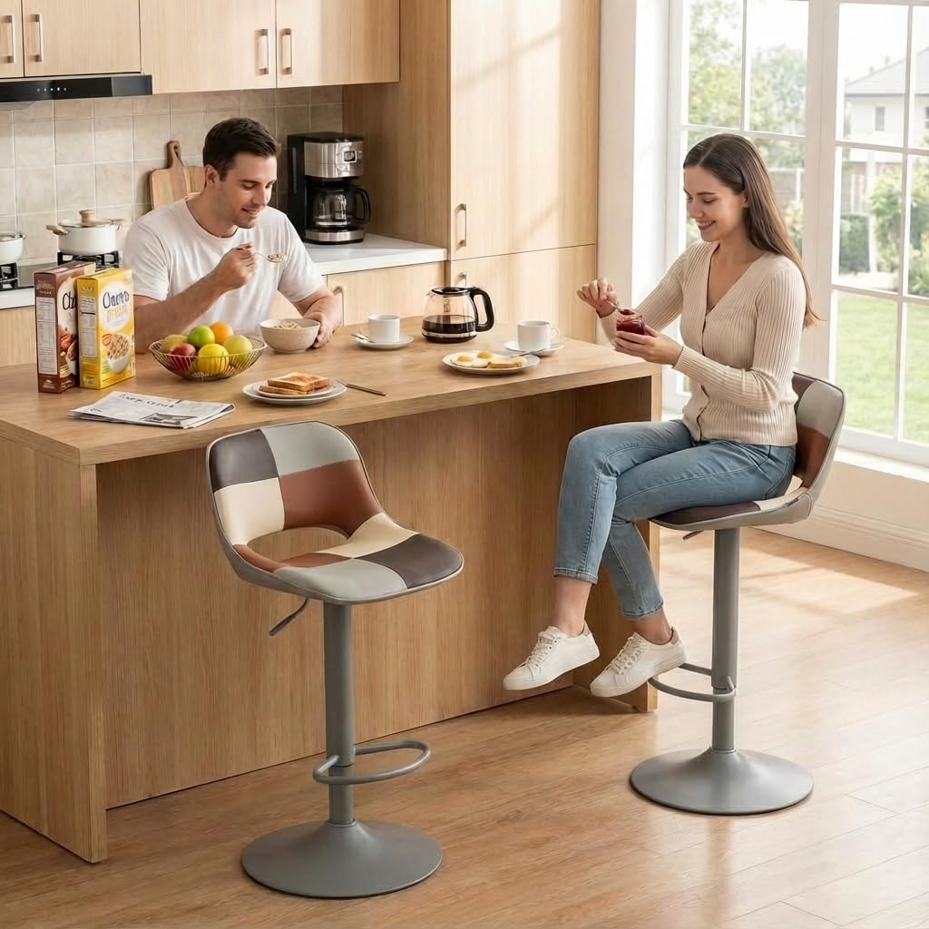 YOUNIKE Bar Stools Set of 2, Boho Colorful Patchwork Faux Leather Barstools, Adjustable Swivel Counter Height Bar Stool Upholstered Counter Stools