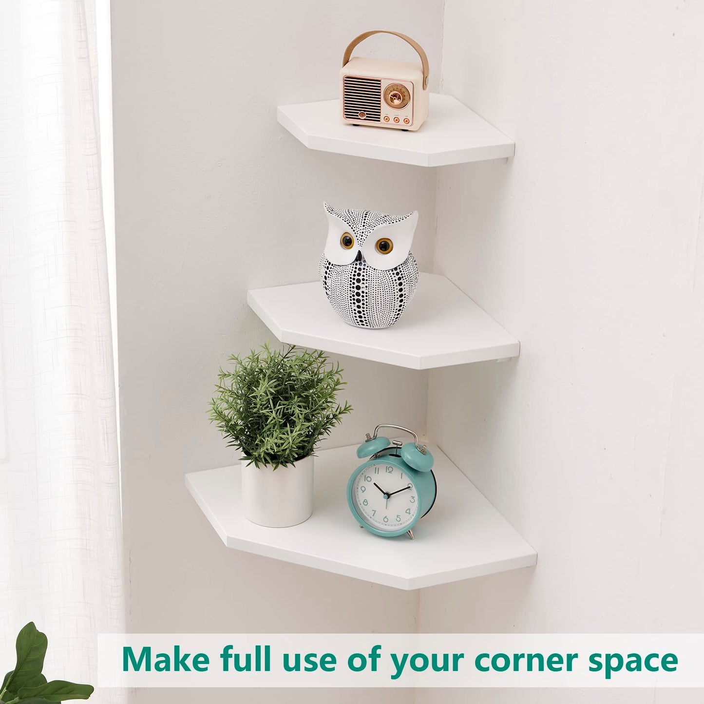 GIEANOO White Corner Shelf Wall Mount, Natural Oak Wood Floating Corner Wall Shelf Round End Shelving Solution Floating Speaker Small Corner Plant