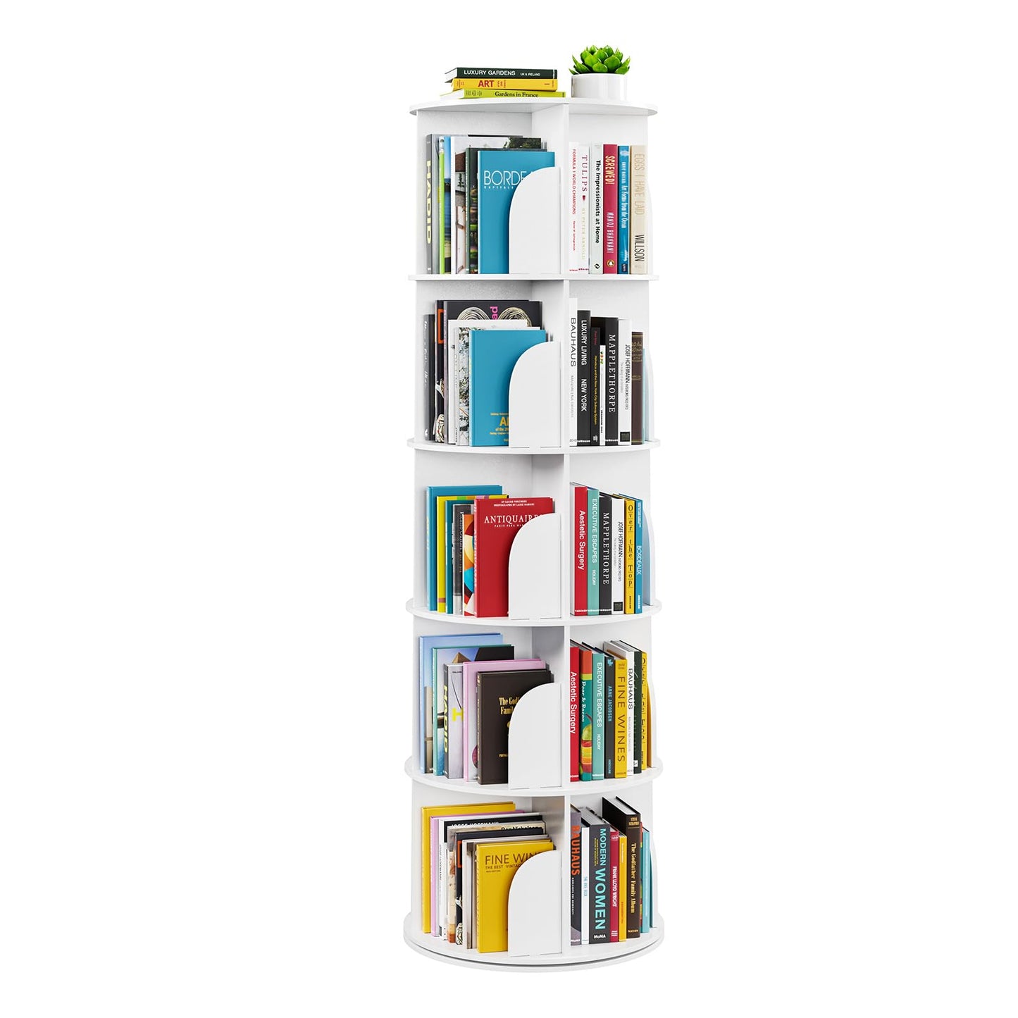 SpaceAid 5-Tier Rotating Shelf Tower, Rotating Lazy Susan Bookcase, 360° Round Storage Rack, Vertical Rotation, Spiral Corner Organizer, White