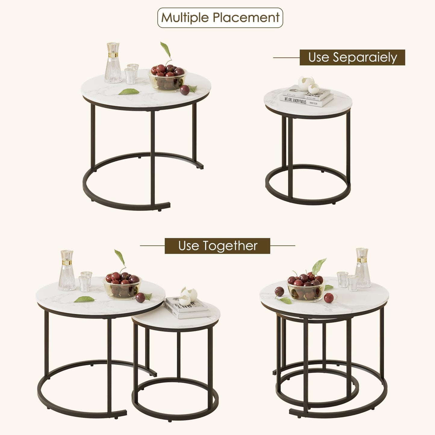 HEYZOEY Round Coffee Tables, Removable Set of 2 End Table, Nesting Tables with Black Metal Frame Legs and Marble White Top for Living Room, Bedroom