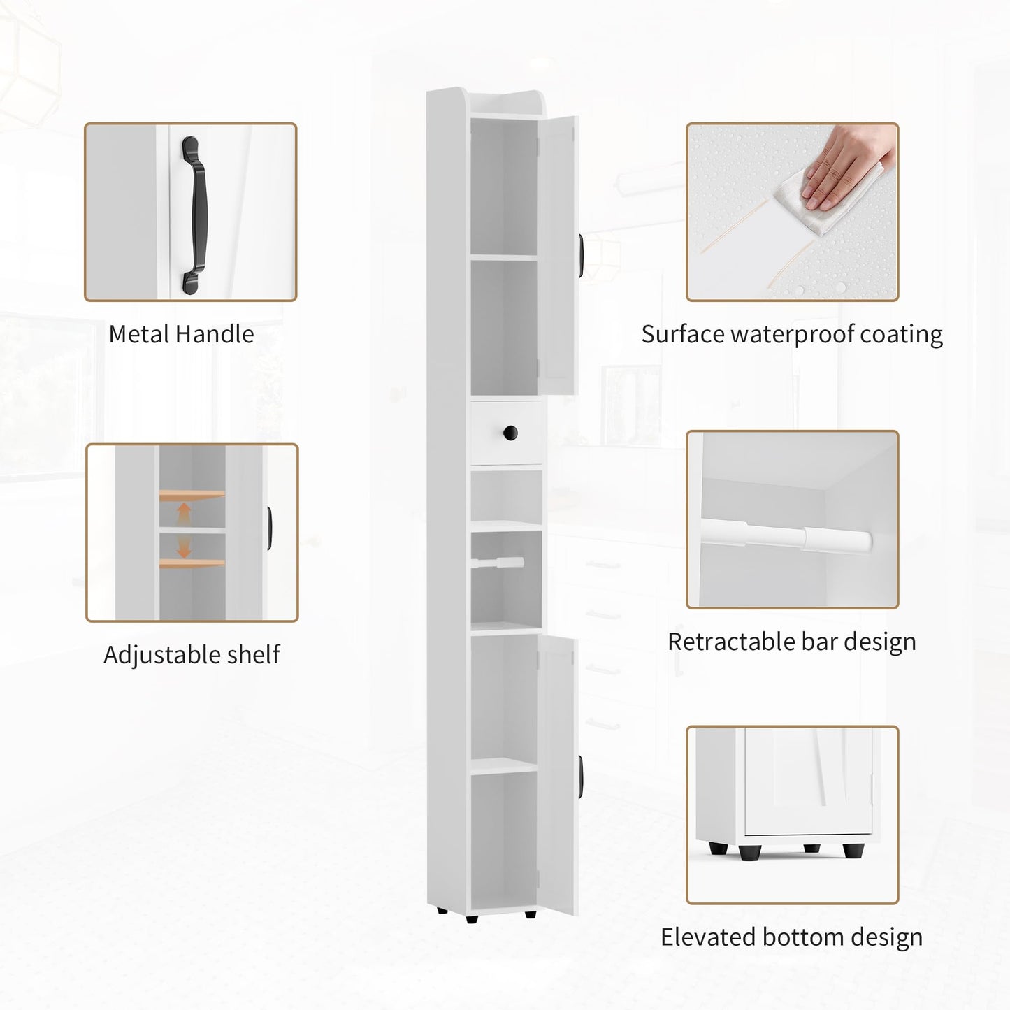 BonVache Tall Bathroom Storage Cabinet, Slim Storage Unit with Adjustable Shelves, Bathroom Shelves Cupboard for Kitchen Hallway Living Room Bedroom