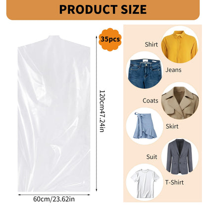 35 Pack Plastic Clothes Covers, Dry Cleaning Bags, Garment Bags 60 * 140 cm