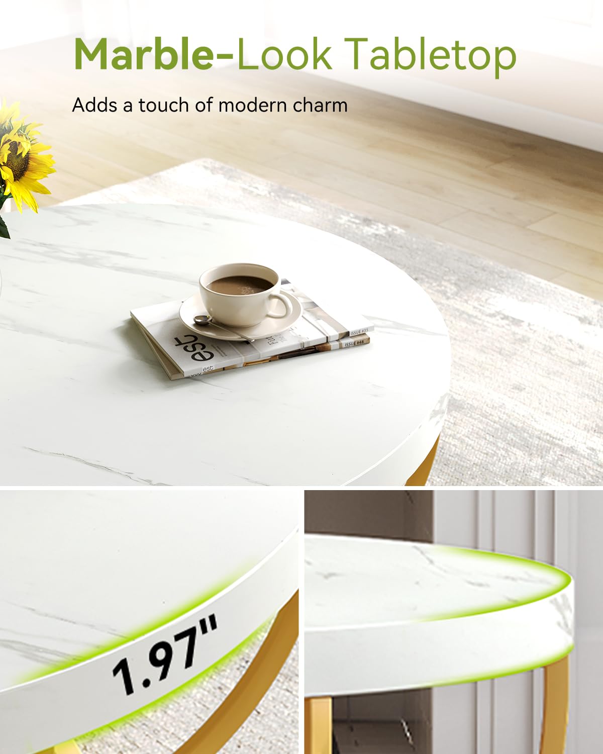 LITTLE TREE Round Coffee Table, 32" Circle Faux Marble Coffee Tables for Living Room