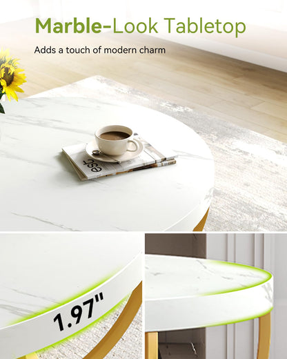 LITTLE TREE Round Coffee Table, 32" Circle Faux Marble Coffee Tables for Living Room