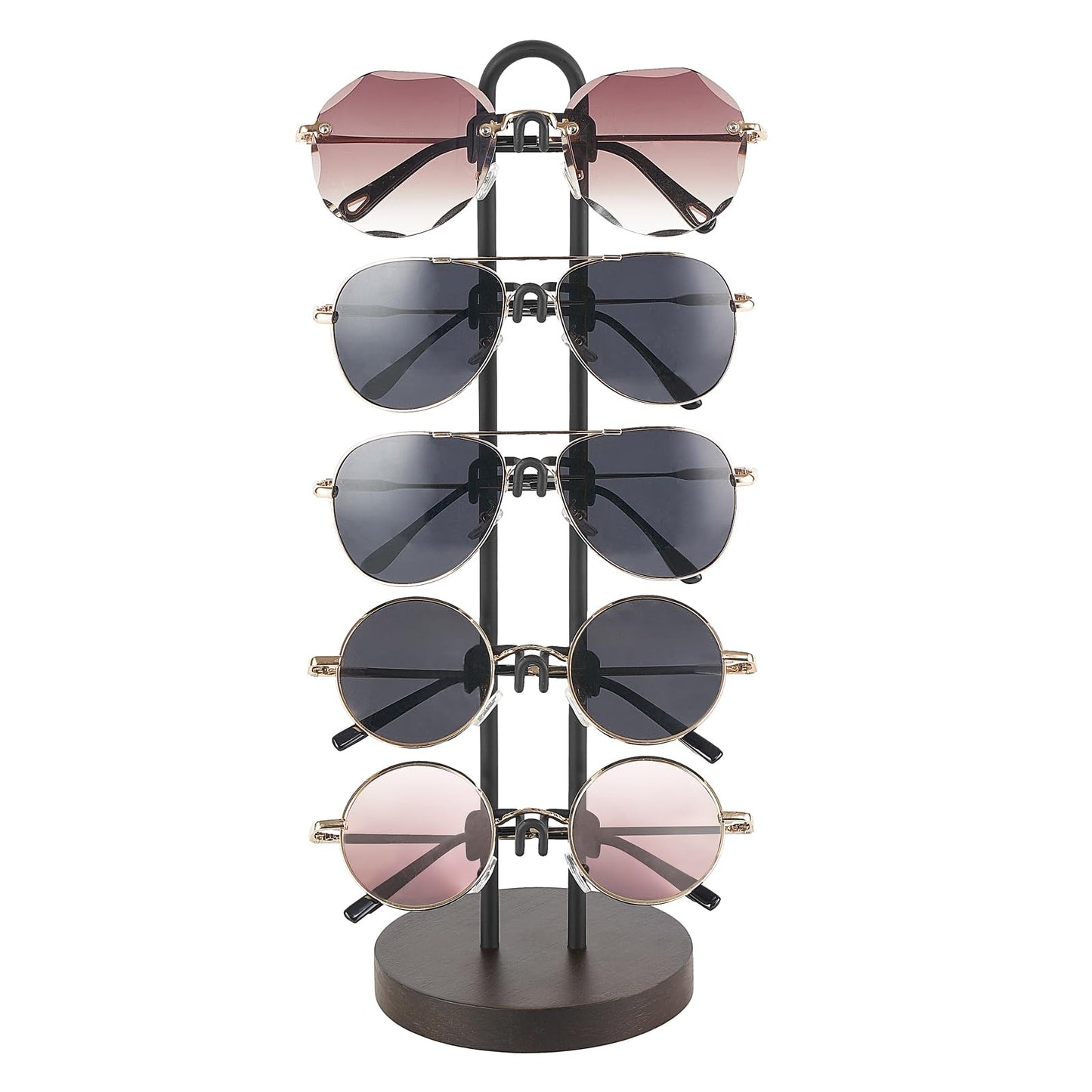Mkono Sunglasses Organizer Glasses Holder Stand Sunglass Storage Eyeglasses Rack Metal Frame with Wood Base for 5 Pairs of Eyewear Display for Table