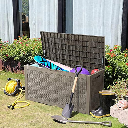 YITAHOME Garden Storage Box Waterproof, 380L Large Outdoor Storage Box with Lid, Lockable Patio Deck Boxes with Handles for Garden Tools Cushion Pillows Pool Supplies,120 x 53 x 63cm, Light Brown