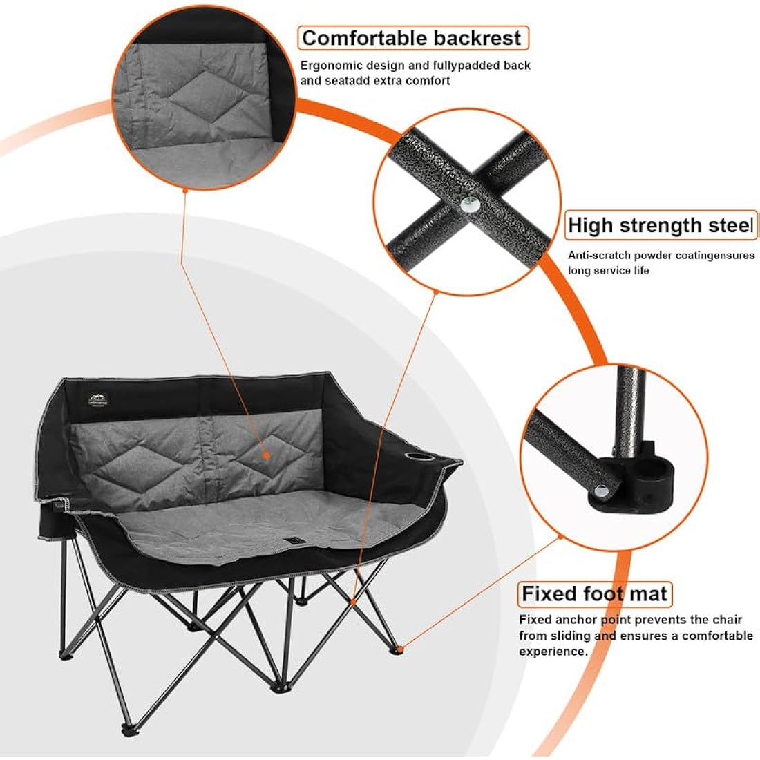 LANMOUNTAIN Folding Loveseat Camping Chair, Portable Double Chair w/Cup Holder,Wine Glass Holder,Carry Bag Heavy Duty Lawn Chair for 2 Adults,Perfect for Camp,Hiking,Picnics and Beach Trips,Black