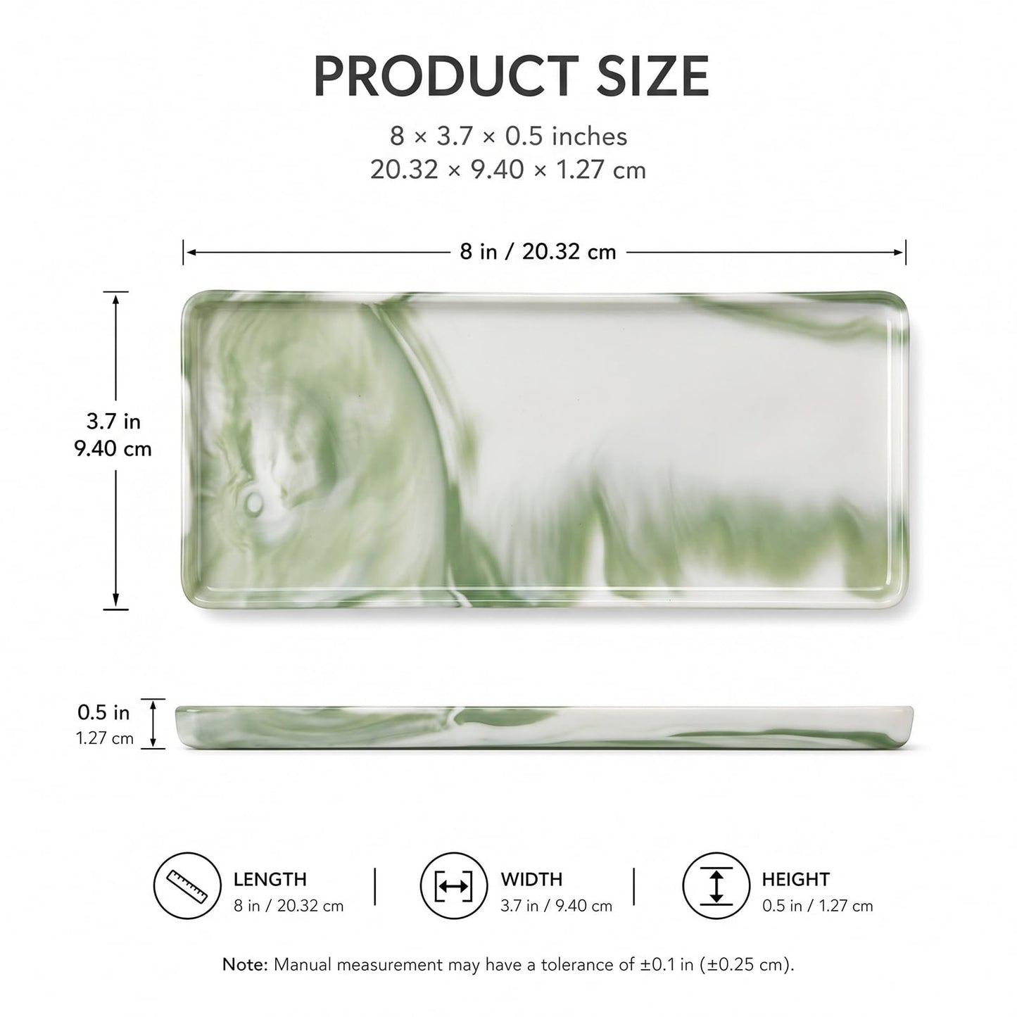 Green Marble Pattern Ceramic Vanity Tray,20.5x9.5x1.2cm Perfume & Jewelry Dish,Rectangular Countertop Organiser for Bathroom,Vanity