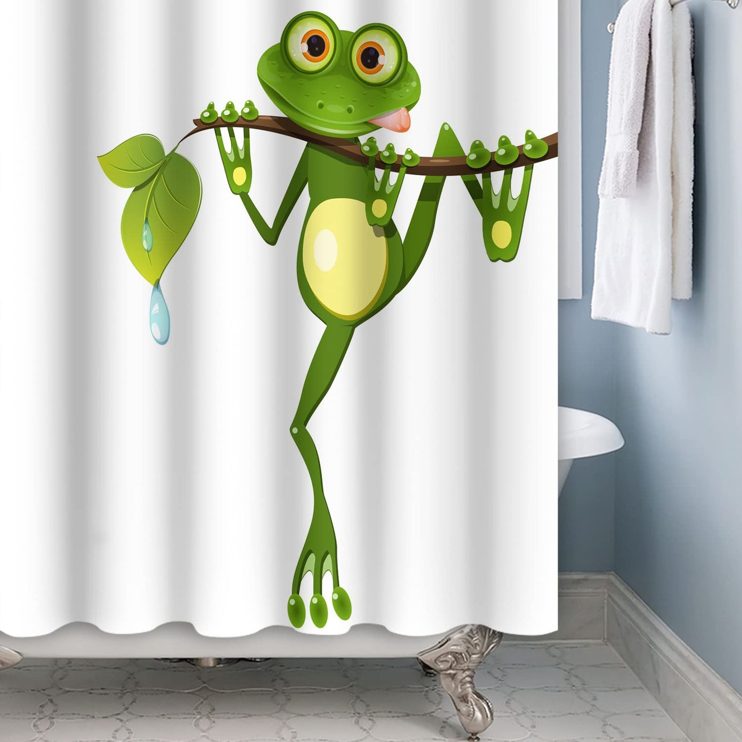 SDOTPMT 180x180cm Cute Cartoon Frog Shower Curtain Little Frog on Tree Branch Green Leaves Bath Curtain Summer Animal White Bathtub Curtain for Kids