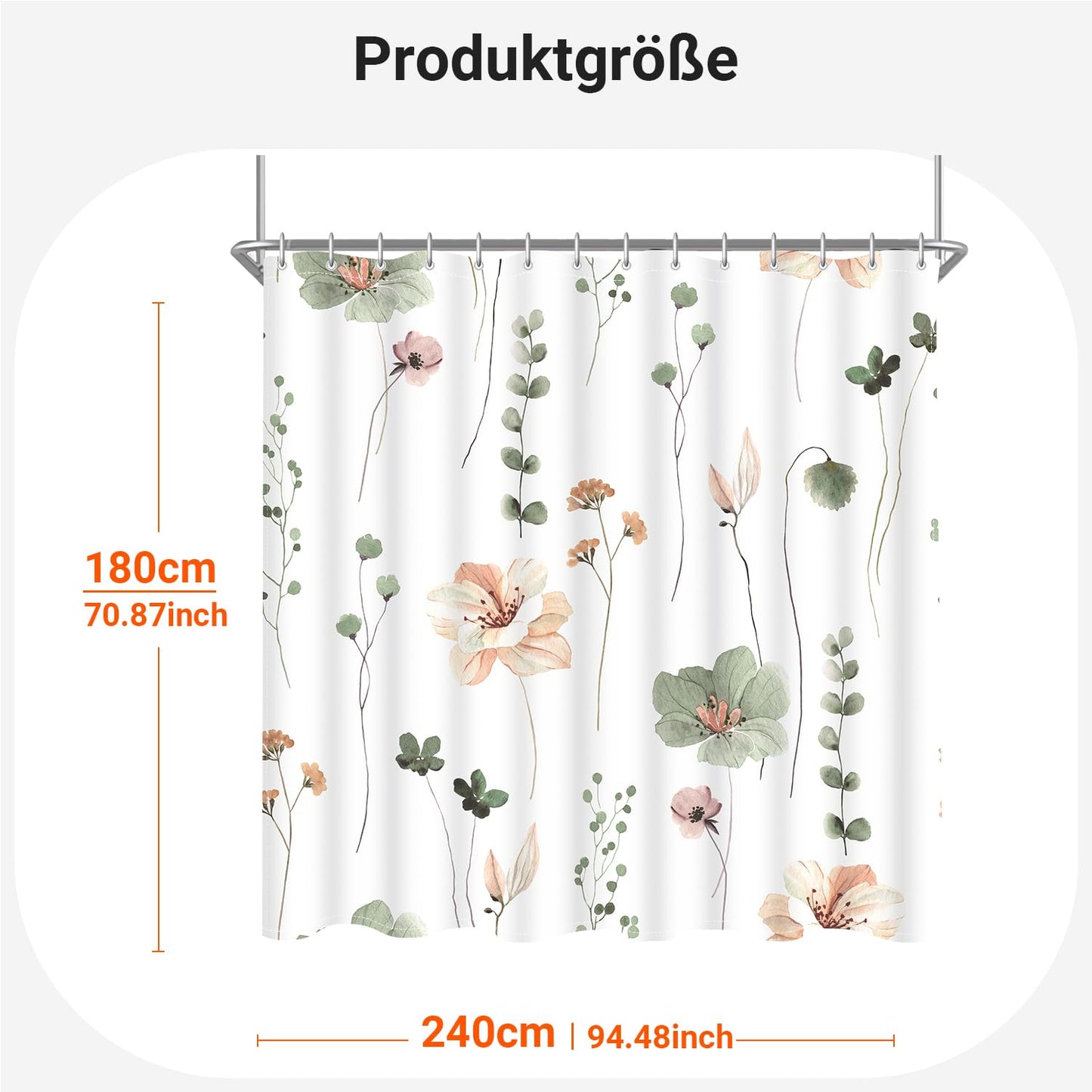 Lerores Shower Curtain, 240 x 180 cm, Sage Green Flower, Weighted Hem, Anti-Mould, Water-Repellent