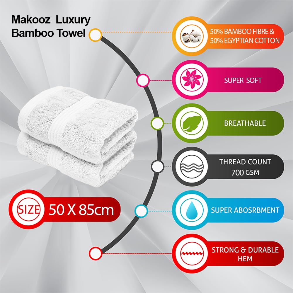 Makooz Luxurious Bamboo Hand Towels for Bathroom Pack of 2 – 700 GSM Bamboo & Egyptian Cotton 50/50 Blend - Ultra Silky Soft, Quick Dry, Absorbent