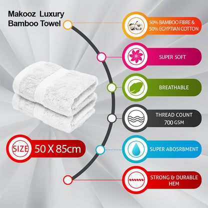 Makooz Luxurious Bamboo Hand Towels for Bathroom Pack of 2 – 700 GSM Bamboo & Egyptian Cotton 50/50 Blend - Ultra Silky Soft, Quick Dry, Absorbent