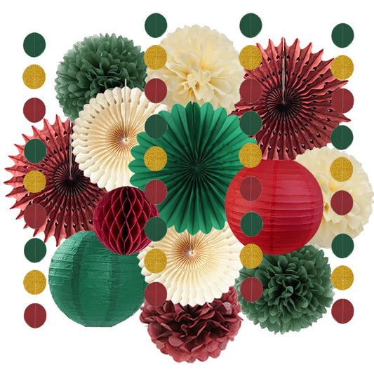 Christmas Party Decorations Red Green Vintage Christmas Paper Decorations Paper Fans Paper Pom Poms Honeycomb Balls Hanging Circle Dots Garland for