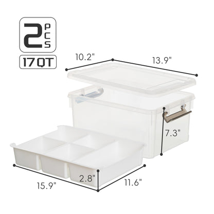 Citylife 2 Packs 16L Plastic Storage Boxes with Removable Tray Clear Plastic Box large Storage Box with Lid Stackable Storage Boxes for Organizing